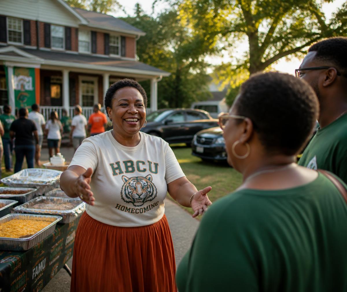 Host welcoming homecoming guests in her driveway with food trays and parked cars